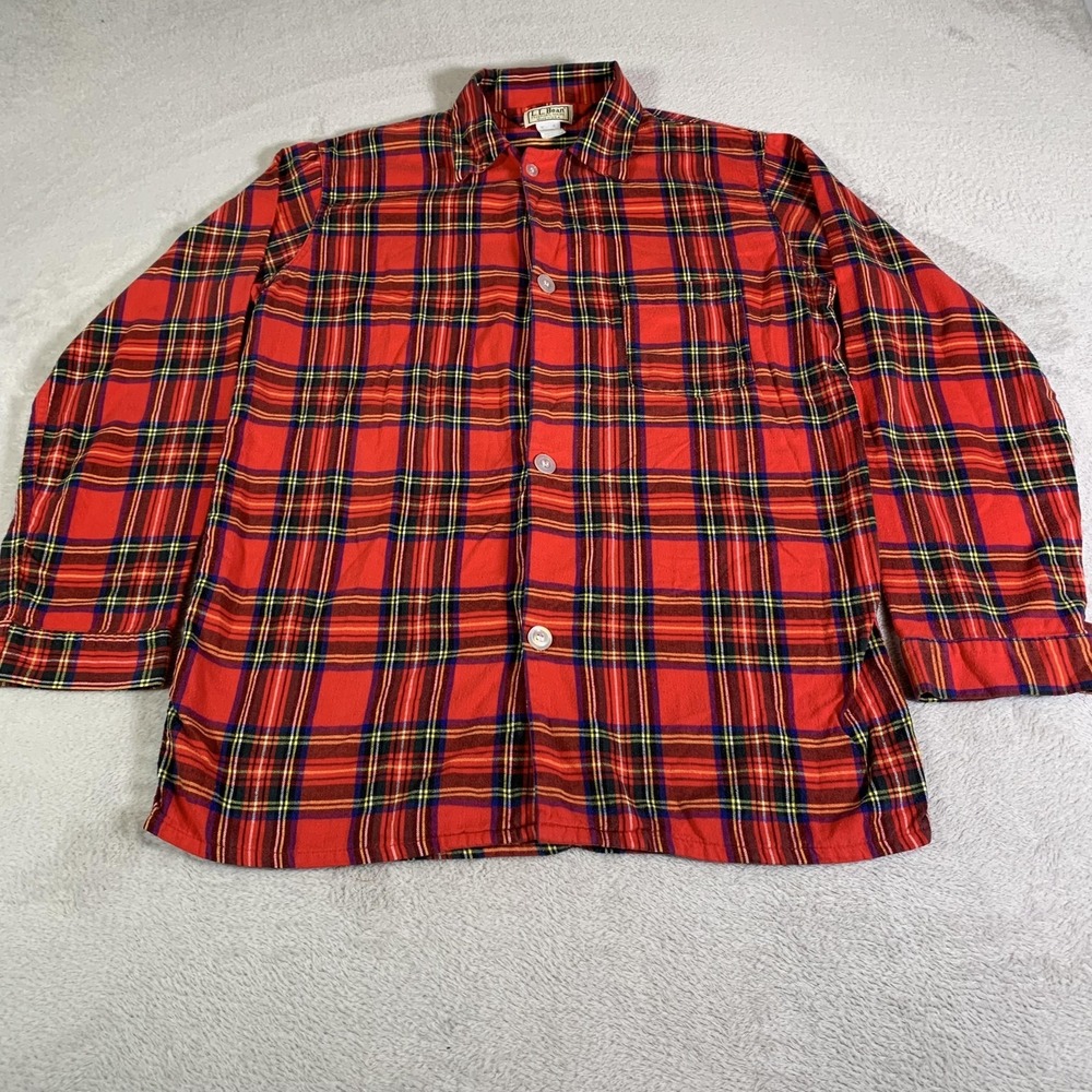 Vintage 90s L.L. Bean Plaid Flannel Shirt Made USA Medium Tall Red Tartan Cotton